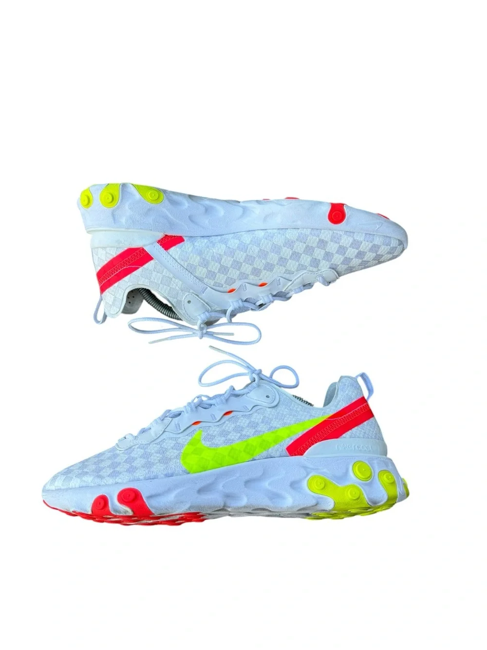 Nike Men’s React Element 55 Checkered White Volt Crimson Sneakers Size 9